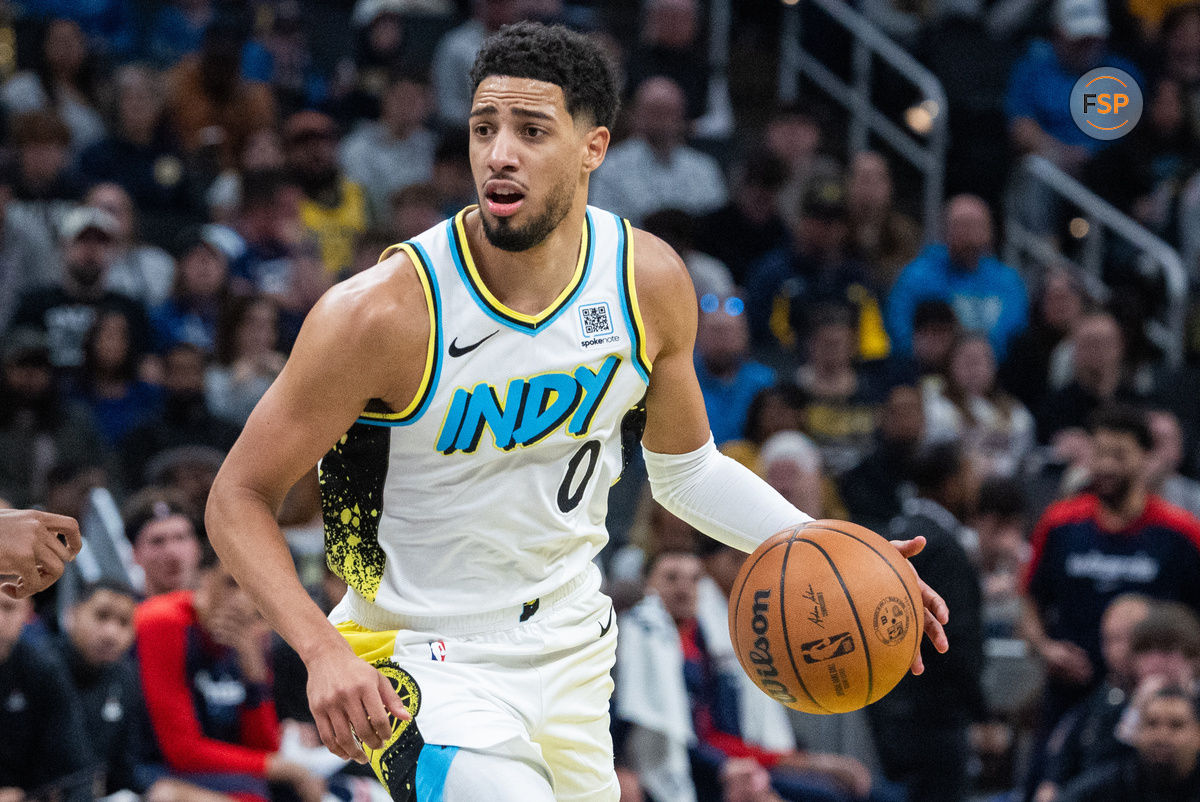 Nov 24, 2024; Indianapolis, Indiana, USA; Indiana Pacers guard Tyrese Haliburton (0) dribbles the ball  in the first half against the Washington Wizards at Gainbridge Fieldhouse. Credit: Trevor Ruszkowski-Imagn Images