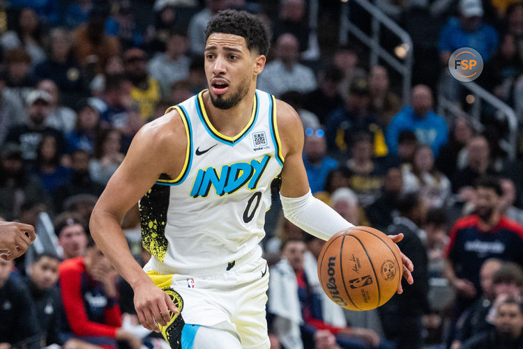 Nov 24, 2024; Indianapolis, Indiana, USA; Indiana Pacers guard Tyrese Haliburton (0) dribbles the ball  in the first half against the Washington Wizards at Gainbridge Fieldhouse. Credit: Trevor Ruszkowski-Imagn Images