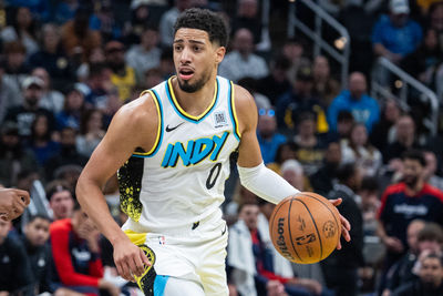 Nov 24, 2024; Indianapolis, Indiana, USA; Indiana Pacers guard Tyrese Haliburton (0) dribbles the ball  in the first half against the Washington Wizards at Gainbridge Fieldhouse. Mandatory Credit: Trevor Ruszkowski-Imagn Images