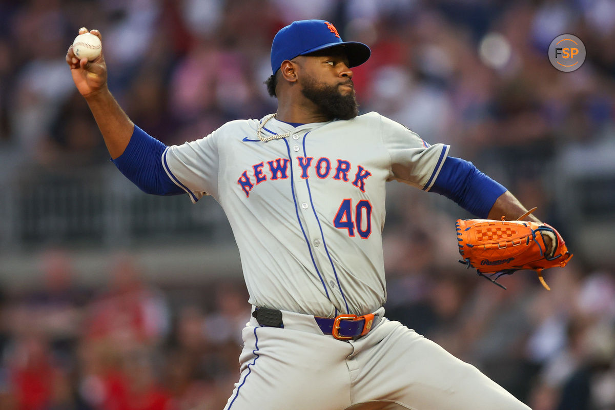 Sep 24, 2024; Atlanta, Georgia, USA; New York Mets starting pitcher Luis Severino (40) throws against the Atlanta Braves in the first inning at Truist Park. Credit: Brett Davis-Imagn Images