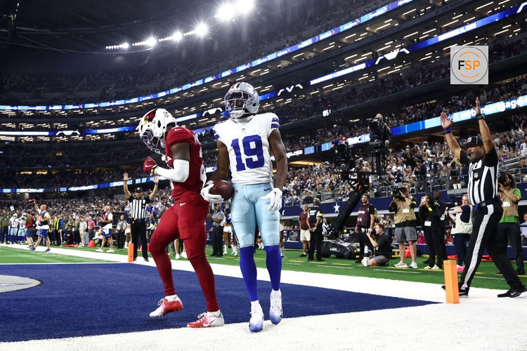 Nov 3, 2025; Arlington, Texas, USA; Dallas Cowboys wide receiver Ryan Flournoy (19) celebrates after scoring a touchdown against the Arizona Cardinals in the second half at AT&T Stadium. Credit: Kevin Jairaj-Imagn Images
