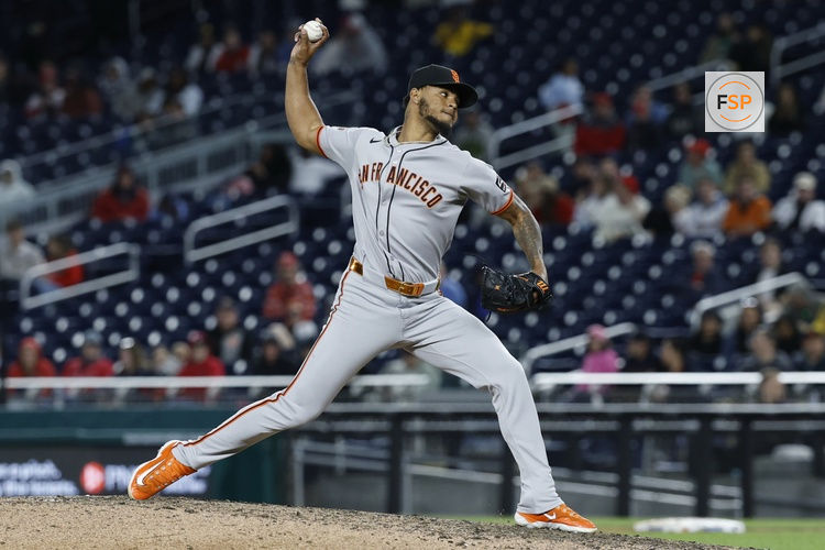 May 23, 2025; Washington, District of Columbia, USA; San Francisco Giants relief pitcher Camilo Doval (75) pitches against the Washington Nationals during the ninth inning at Nationals Park. Credit: Geoff Burke-Imagn Images