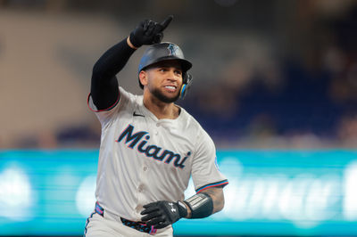 May 19, 2025; Miami, Florida, USA; Miami Marlins catcher Agustin Ramirez (50) circles the bases after hitting a solo home run against the Chicago Cubs during the first inning at loanDepot Park. Mandatory Credit: Sam Navarro-Imagn Images
