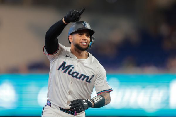 May 19, 2025; Miami, Florida, USA; Miami Marlins catcher Agustin Ramirez (50) circles the bases after hitting a solo home run against the Chicago Cubs during the first inning at loanDepot Park. Mandatory Credit: Sam Navarro-Imagn Images