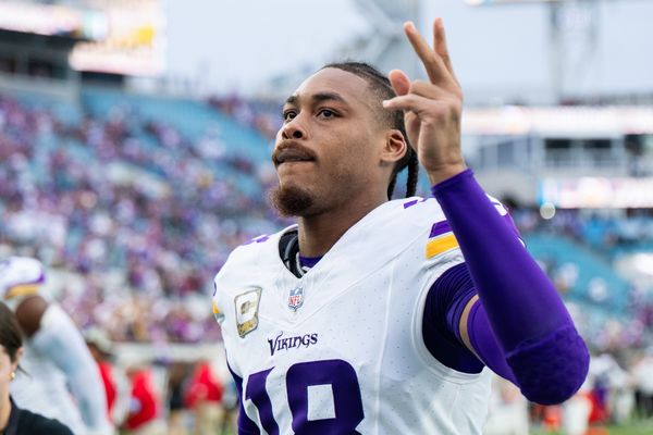 Nov 10, 2024; Jacksonville, Florida, USA; Minnesota Vikings wide receiver Justin Jefferson (18) reacts to the fans after the win over the Jacksonville Jaguars at EverBank Stadium. Mandatory Credit: Jeremy Reper-Imagn Images