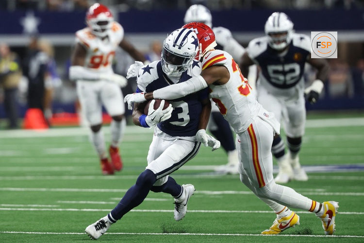 Nov 27, 2025; Arlington, Texas, USA; Dallas Cowboys wide receiver George Pickens (3) runs after a catch against Kansas City Chiefs cornerback Jaylen Watson (35) during the fourth quarter at AT&T Stadium. Credit: Kevin Jairaj-Imagn Images