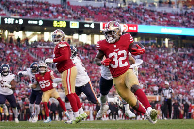 Dec 8, 2024; Santa Clara, California, USA; San Francisco 49ers running back Patrick Taylor Jr. (32) runs the ball against the Chicago Bears in the fourth quarter at Levi's Stadium. Mandatory Credit: Cary Edmondson-Imagn Images