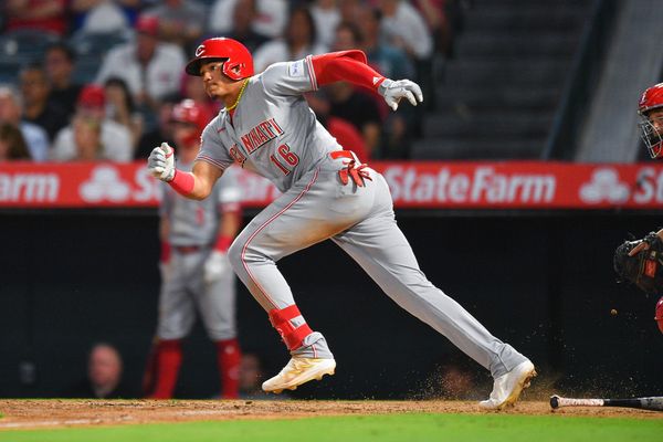ANAHEIM, CA - AUGUST 23: Cincinnati Reds third baseman Noelvi Marte (16) runs after swinging at a pitch during the MLB game 2 of a doubleheader between the Cincinnati Reds and the Los Angeles Angels of Anaheim on August 23, 2023 at Angel Stadium of Anaheim in Anaheim, CA. (Photo by Brian Rothmuller/Icon Sportswire)