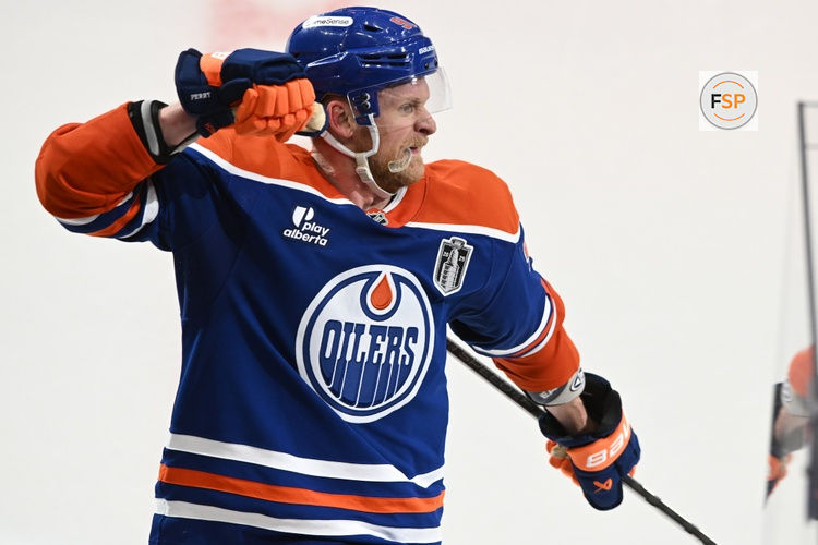 Jun 6, 2025; Edmonton, Alberta, CAN;  Edmonton Oilers right wing Corey Perry (90) reacts after scoring a goal against the Florida Panthers during the third period in game two of the 2025 Stanley Cup Final at Rogers Place. Credit: Walter Tychnowicz-Imagn Images
