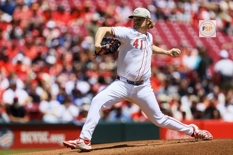May 18, 2025; Cincinnati, Ohio, USA; Cincinnati Reds starting pitcher Andrew Abbott (41) pitches against the Cleveland Guardians in the first inning at Great American Ball Park. Credit: Katie Stratman-Imagn Images