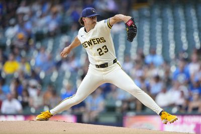 Jun 30, 2026; Milwaukee, Wisconsin, USA;  Milwaukee Brewers pitcher Brandon Sproat (23) throws a pitch during the first inning against the Cincinnati Reds at American Family Field. Mandatory Credit: Jeff Hanisch-Imagn Images
