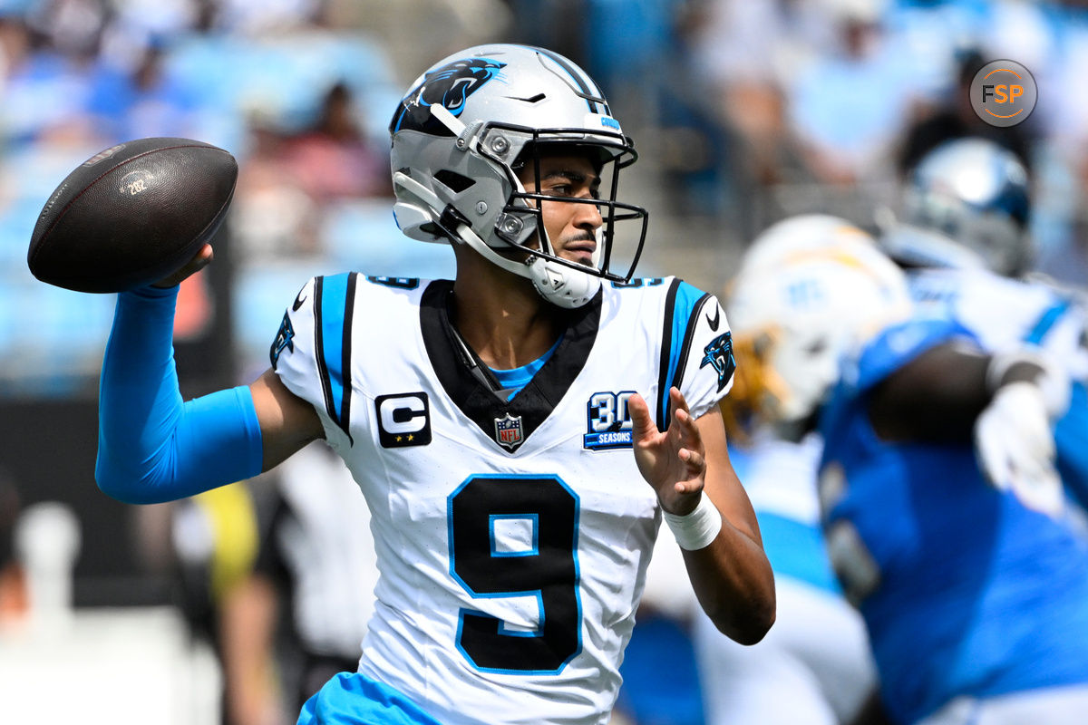 Sep 15, 2024; Charlotte, North Carolina, USA; Carolina Panthers quarterback Bryce Young (9) prepares to pass in the third quarter at Bank of America Stadium. Credit: Bob Donnan-Imagn Images