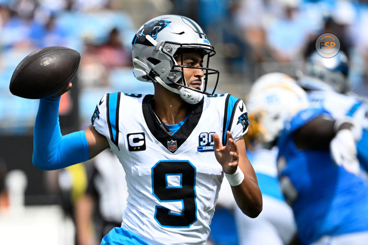 Sep 15, 2024; Charlotte, North Carolina, USA; Carolina Panthers quarterback Bryce Young (9) prepares to pass in the third quarter at Bank of America Stadium. Credit: Bob Donnan-Imagn Images