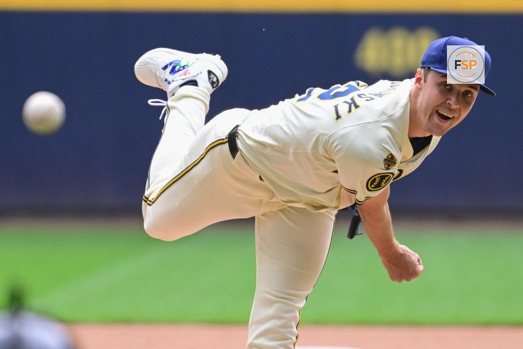 Jun 25, 2025; Milwaukee, Wisconsin, USA;  Milwaukee Brewers starting pitcher Jacob Misiorowski (32) throws a pitch in the fifth inning against the Pittsburgh Pirates at American Family Field. Credit: Benny Sieu-Imagn Images