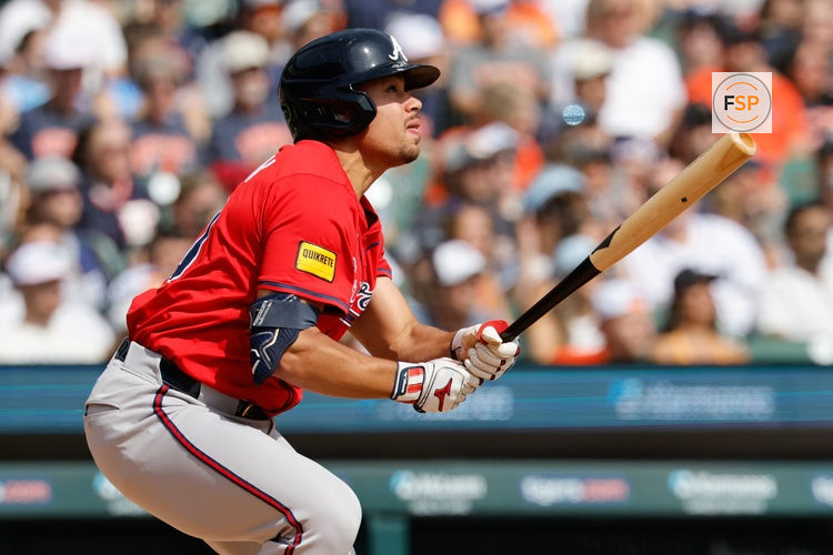 Sep 20, 2025; Detroit, Michigan, USA;  Atlanta Braves catcher Drake Baldwin (30) hits a two run home run in the third inning against the Detroit Tigers at Comerica Park. Credit: Rick Osentoski-Imagn Images