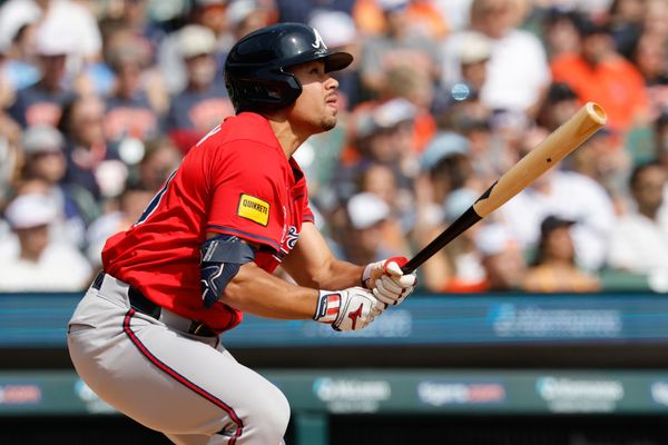 Sep 20, 2025; Detroit, Michigan, USA;  Atlanta Braves catcher Drake Baldwin (30) hits a two run home run in the third inning against the Detroit Tigers at Comerica Park. Mandatory Credit: Rick Osentoski-Imagn Images