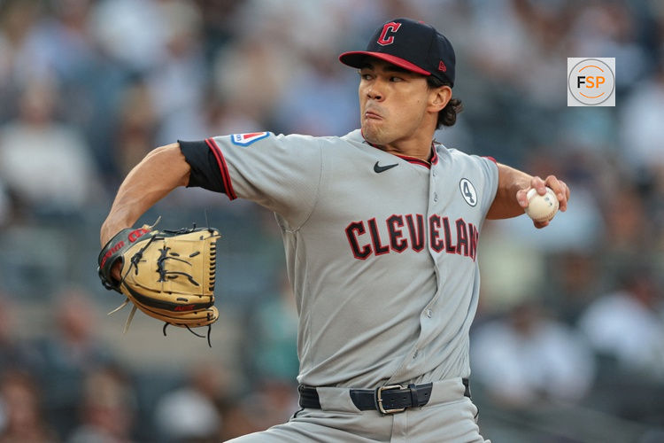 Jun 2, 2026; Bronx, New York, USA; Cleveland Guardians pitcher Joey Cantillo (54) delivers a pitch during the first inning against the New York Yankees at Yankee Stadium. Credit: Vincent Carchietta-Imagn Images