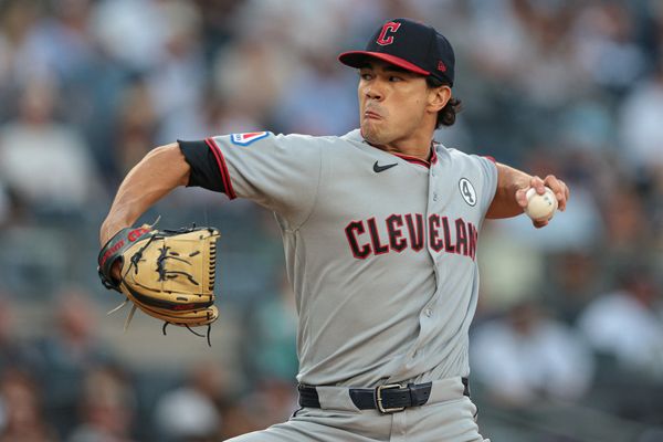 Jun 2, 2026; Bronx, New York, USA; Cleveland Guardians pitcher Joey Cantillo (54) delivers a pitch during the first inning against the New York Yankees at Yankee Stadium. Mandatory Credit: Vincent Carchietta-Imagn Images