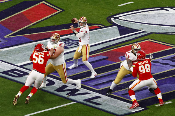 LAS VEGAS, NV - FEBRUARY 11: San Francisco 49ers quarterback Brock Purdy (13) looks to pass during Super Bowl LVIII between the Kansas City Chiefs and the San Francisco 49ers on February 11, 2024, at Allegiant Stadium in Las Vegas, NV. (Photo by Jeff Speer/Icon Sportswire)