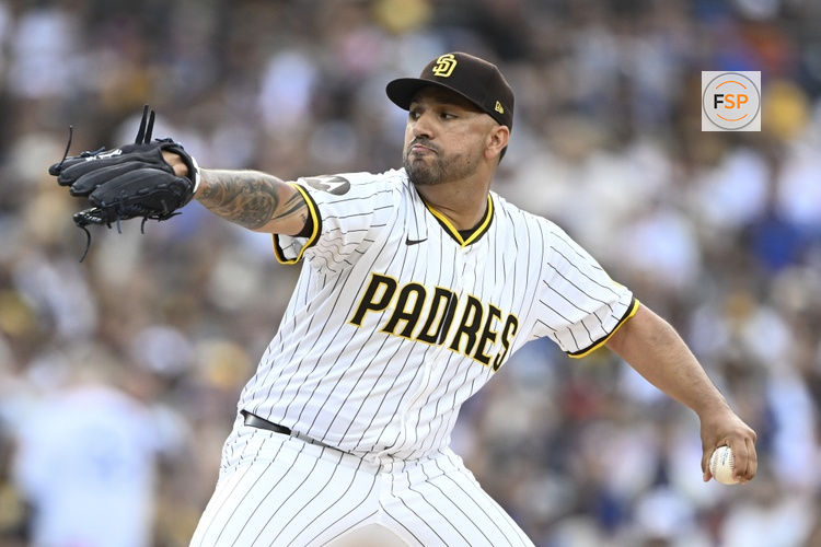 Aug 23, 2025; San Diego, California, USA; San Diego Padres starting pitcher Nestor Cortes (65) delivers during the first inning against the Los Angeles Dodgers at Petco Park. Credit: Denis Poroy-Imagn Images