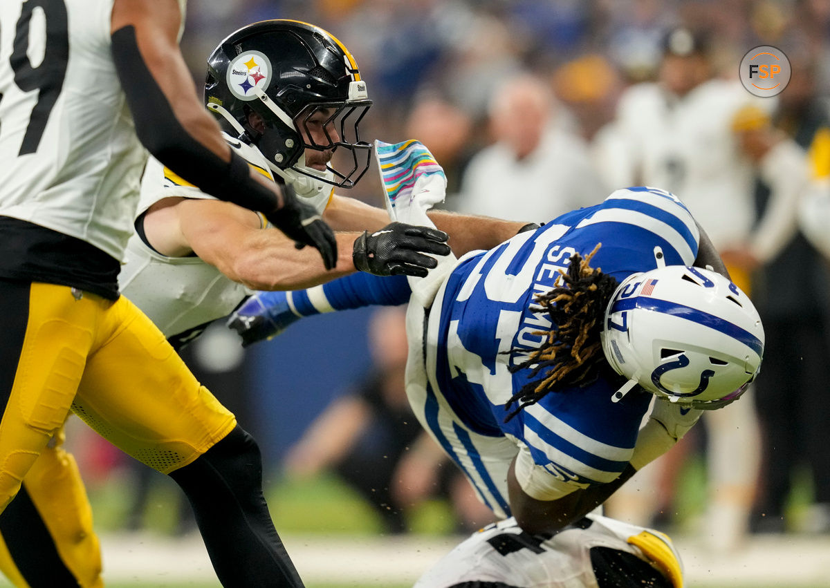 Sep 29, 2024; Indianapolis, Indiana, USA; Pittsburgh Steelers linebacker Payton Wilson (41) tackles Indianapolis Colts running back Trey Sermon (27) on Sunday, Sept. 29, 2024, during a game against the Pittsburgh Steelers at Lucas Oil Stadium in Indianapolis. Credit: Grace Smith-USA TODAY Network via Imagn Images