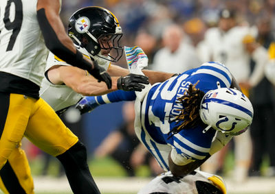 Sep 29, 2024; Indianapolis, Indiana, USA; Pittsburgh Steelers linebacker Payton Wilson (41) tackles Indianapolis Colts running back Trey Sermon (27) on Sunday, Sept. 29, 2024, during a game against the Pittsburgh Steelers at Lucas Oil Stadium in Indianapolis. Mandatory Credit: Grace Smith-USA TODAY Network via Imagn Images