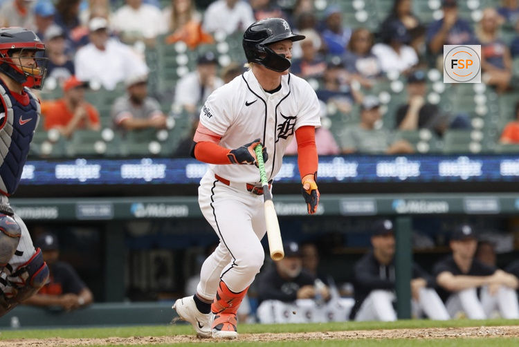 Sep 9, 2026; Detroit, Michigan, USA;  Detroit Tigers outfielder Max Clark (15) hits a single during the sixth inning against the Minnesota Twins at Comerica Park.  Credit: Rick Osentoski-Imagn Images