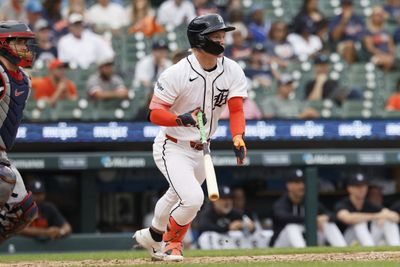 Sep 9, 2026; Detroit, Michigan, USA;  Detroit Tigers outfielder Max Clark (15) hits a single during the sixth inning against the Minnesota Twins at Comerica Park.  Mandatory Credit: Rick Osentoski-Imagn Images