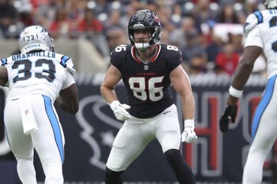 Aug 16, 2025; Houston, Texas, USA; Houston Texans tight end Dalton Schultz (86) in action during the game against the Carolina Panthers at NRG Stadium. Mandatory Credit: Troy Taormina-Imagn Images
