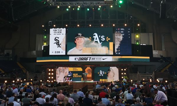 Jul 14, 2024; Ft. Worth, TX, USA; The Oakland Athletics draft  Nick Kurtz as the fourth pick during the first round of the MLB Draft at Cowtown Coliseum. Mandatory Credit: Kevin Jairaj-USA TODAY Sports