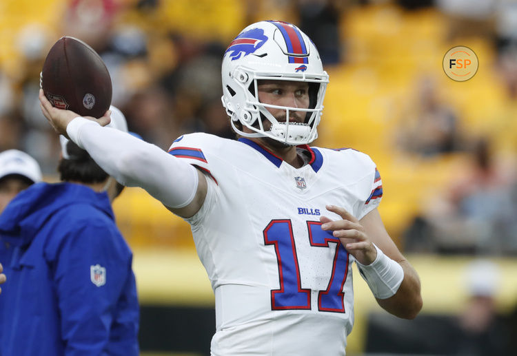 Aug 17, 2024; Pittsburgh, Pennsylvania, USA;  Buffalo Bills quarterback Josh Allen (17) warms up on the field before a game against the Pittsburgh Steelers at Acrisure Stadium. Credit: Charles LeClaire-USA TODAY Sports