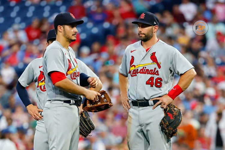 PHILADELPHIA, PA - JULY 01:  St. Louis Cardinals third baseman Nolan Arenado (28) and St. Louis Cardinals first baseman Paul Goldschmidt (46) during the Major League Baseball game between the Philadelphia Phillies and the St. Louis Cardinals on July 1, 2022 at Citizens Bank Park in Philadelphia, Pennsylvania.   (Photo by Rich Graessle/Icon Sportswire)