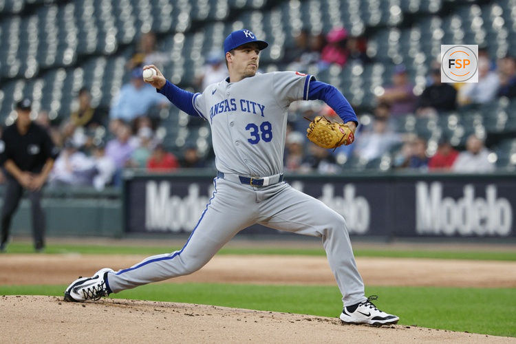 Aug 27, 2025; Chicago, Illinois, USA; Kansas City Royals starting pitcher Ryan Bergert (38) delivers a pitch against the Chicago White Sox during the first inning at Rate Field. Credit: Kamil Krzaczynski-Imagn Images