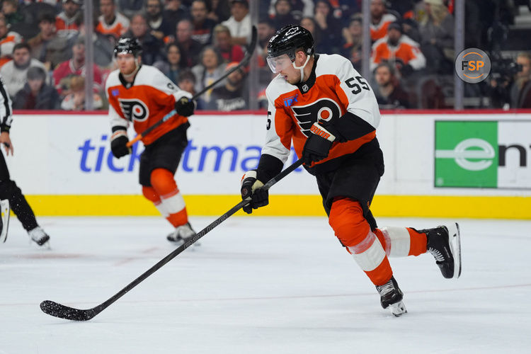 Nov 23, 2024; Philadelphia, Pennsylvania, USA; Philadelphia Flyers defenseman Rasmus Ristolainen (55) controls the puck against the Chicago Blackhawks in the second period at Wells Fargo Center. Credit: Kyle Ross-Imagn Images