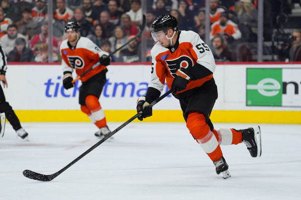 Nov 23, 2024; Philadelphia, Pennsylvania, USA; Philadelphia Flyers defenseman Rasmus Ristolainen (55) controls the puck against the Chicago Blackhawks in the second period at Wells Fargo Center. Mandatory Credit: Kyle Ross-Imagn Images