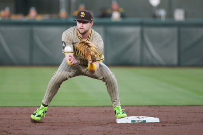 Apr 7, 2025; West Sacramento, California, USA; San Diego Padres first base Jake Cronenworth (9) catches the force out at second base during the first inning of the game against the Athletics at Sutter Health Park. Mandatory Credit: Ed Szczepanski-Imagn Images