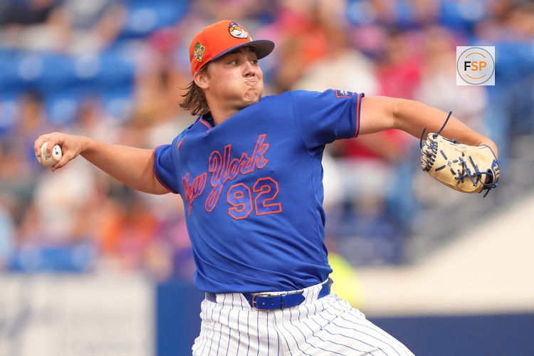 Mar 1, 2026; Port St. Lucie, Florida, USA;  New York Mets pitcher Jack Wenninger (92) pitches in the fifth inning against the Houston Astros at Clover Park. Credit: Jim Rassol-Imagn Images