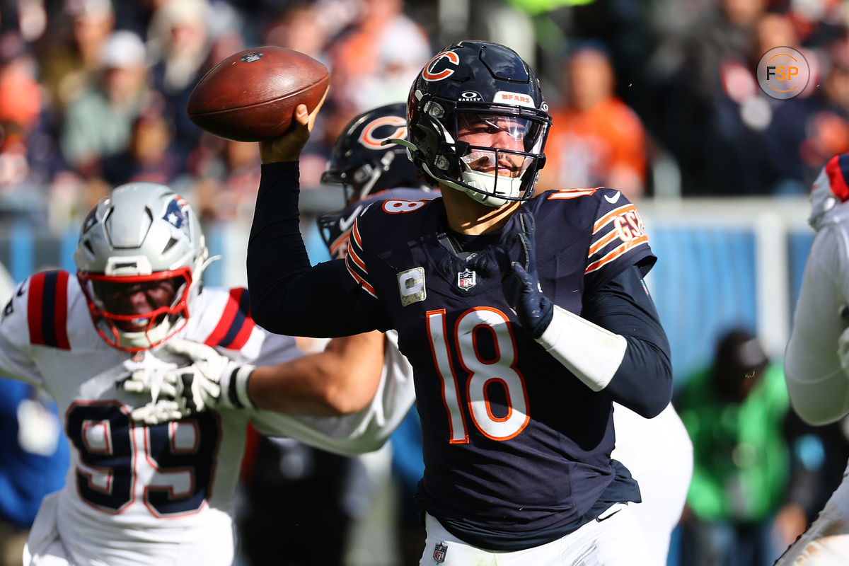 Nov 10, 2024; Chicago, Illinois, USA; Chicago Bears quarterback Caleb Williams (18) drops back to pass against the New England Patriots during the second half at Soldier Field. Credit: Mike Dinovo-Imagn Images