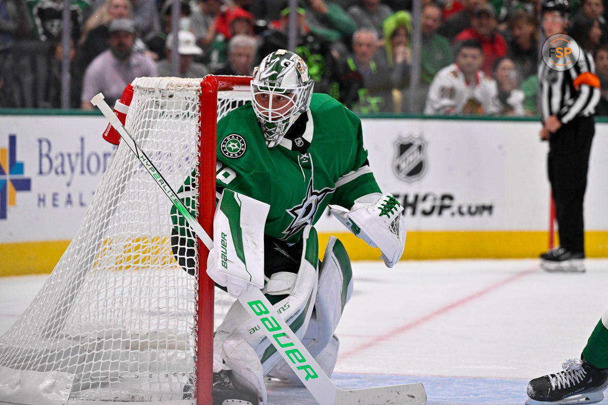 Oct 26, 2024; Dallas, Texas, USA; Dallas Stars goaltender Jake Oettinger (29) in action during the game between the Dallas Stars and the Chicago Blackhawks at American Airlines Center. Credit: Jerome Miron-Imagn Images