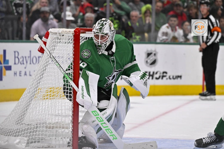Oct 26, 2024; Dallas, Texas, USA; Dallas Stars goaltender Jake Oettinger (29) in action during the game between the Dallas Stars and the Chicago Blackhawks at American Airlines Center. Credit: Jerome Miron-Imagn Images