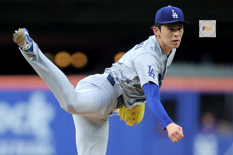 Jul 24, 2026; New York City, New York, USA; Los Angeles Dodgers starting pitcher Roki Sasaki (11) follows through on a pitch against the New York Mets during the second inning at Citi Field. Credit: Brad Penner-Imagn Images
