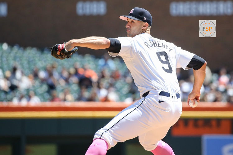 DETROIT, MI - MAY 12:  Detroit Tigers starting pitcher Jack Flaherty (9) pitches during the first inning of a regular season Major League Baseball game between the Houston Astros and the Detroit Tigers on May 12, 2024 at Comerica Park in Detroit, Michigan.  (Photo by Scott W. Grau/Icon Sportswire)