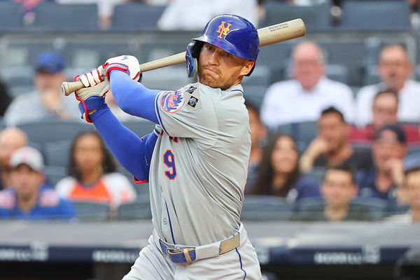 BRONX, NY - JULY 24:  Brandon Nimmo #9 of the New York Mets at bat during the game against the New York Yankees on July 24, 2024 at Yankee Stadium in the Bronx, New York.   (Photo by Rich Graessle/Icon Sportswire)