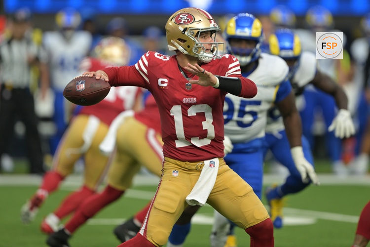 Sep 22, 2024; Inglewood, California, USA;  San Francisco 49ers quarterback Brock Purdy (13) throws a pass in the second half against the Los Angeles Rams at SoFi Stadium. Credit: Jayne Kamin-Oncea-Imagn Images