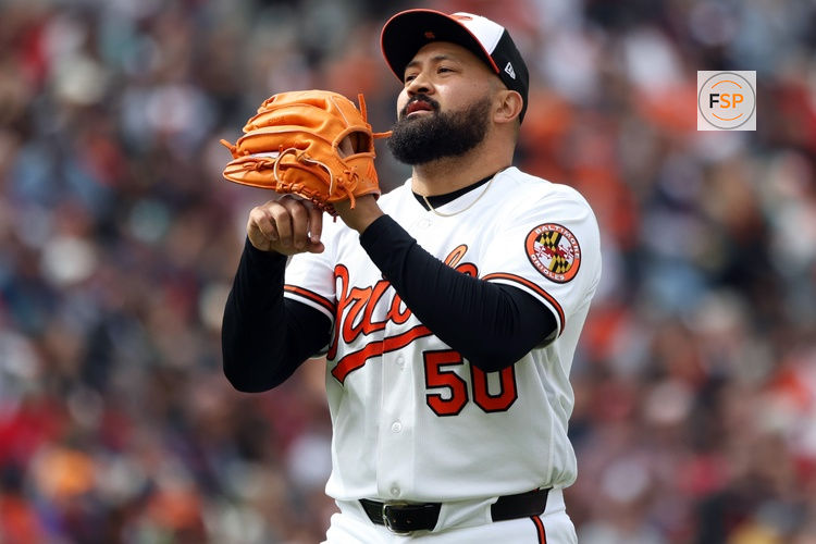 Apr 26, 2026; Baltimore, Maryland, USA; Baltimore Orioles pitcher Rico Garcia (50) looks on during the eighth inning against the Boston Red Sox at Oriole Park at Camden Yards. Credit: Daniel Kucin Jr.-Imagn Images