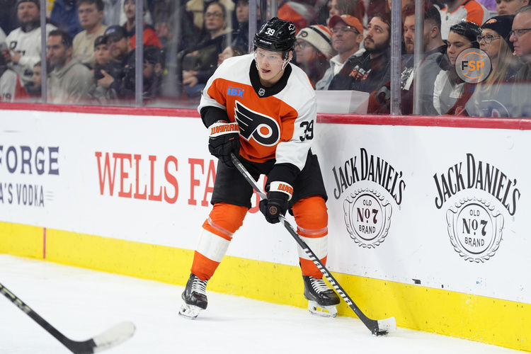 Feb 22, 2025; Philadelphia, Pennsylvania, USA; Philadelphia Flyers right wing Matvei Michkov (39) controls the puck against the Edmonton Oilers in the third period at Wells Fargo Center. Credit: Kyle Ross-Imagn Images