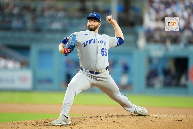 Aug 10, 2026; Los Angeles, California, USA; Kansas City Royals pitcher Noah Cameron (65 throws in the first inning against the Los Angeles Dodgers at Dodger Stadium. Credit: Kirby Lee-Imagn Images