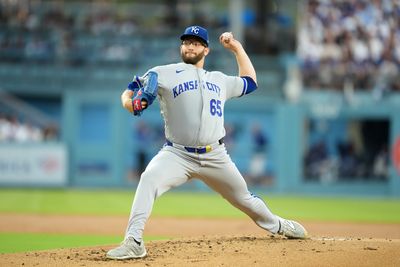 Aug 10, 2026; Los Angeles, California, USA; Kansas City Royals pitcher Noah Cameron (65 throws in the first inning against the Los Angeles Dodgers at Dodger Stadium. Mandatory Credit: Kirby Lee-Imagn Images