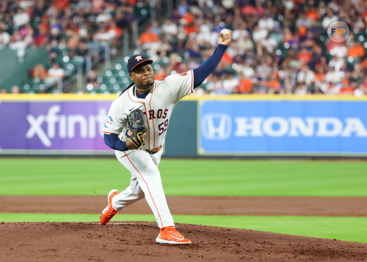 HOUSTON, TX - JULY 10:  Houston Astros starting pitcher Framber Valdez (59) throws a pitch in the top of the third inning during the MLB game between the Miami Marlins and Houston Astros on July 10, 2024 at Minute Maid Park in Houston, Texas.  (Photo by Leslie Plaza Johnson/Icon Sportswire)