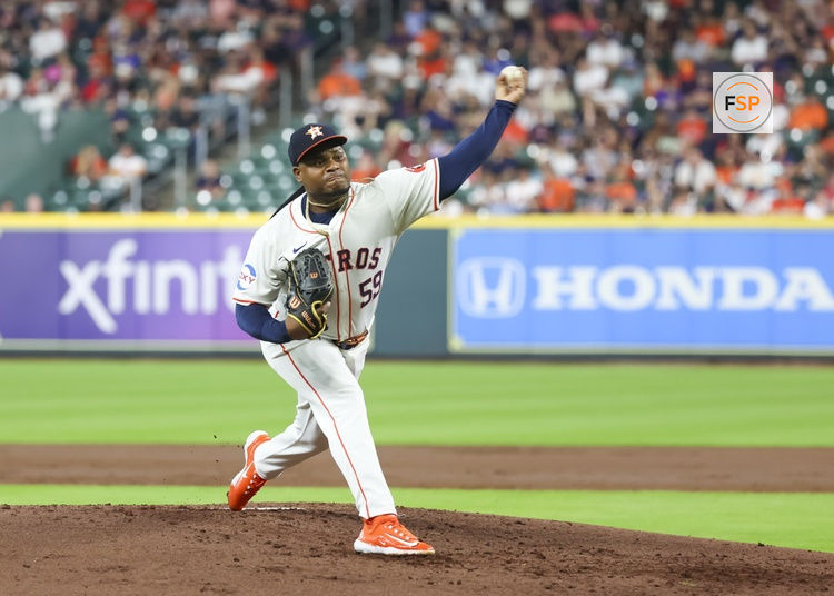 HOUSTON, TX - JULY 10:  Houston Astros starting pitcher Framber Valdez (59) throws a pitch in the top of the third inning during the MLB game between the Miami Marlins and Houston Astros on July 10, 2024 at Minute Maid Park in Houston, Texas.  (Photo by Leslie Plaza Johnson/Icon Sportswire)